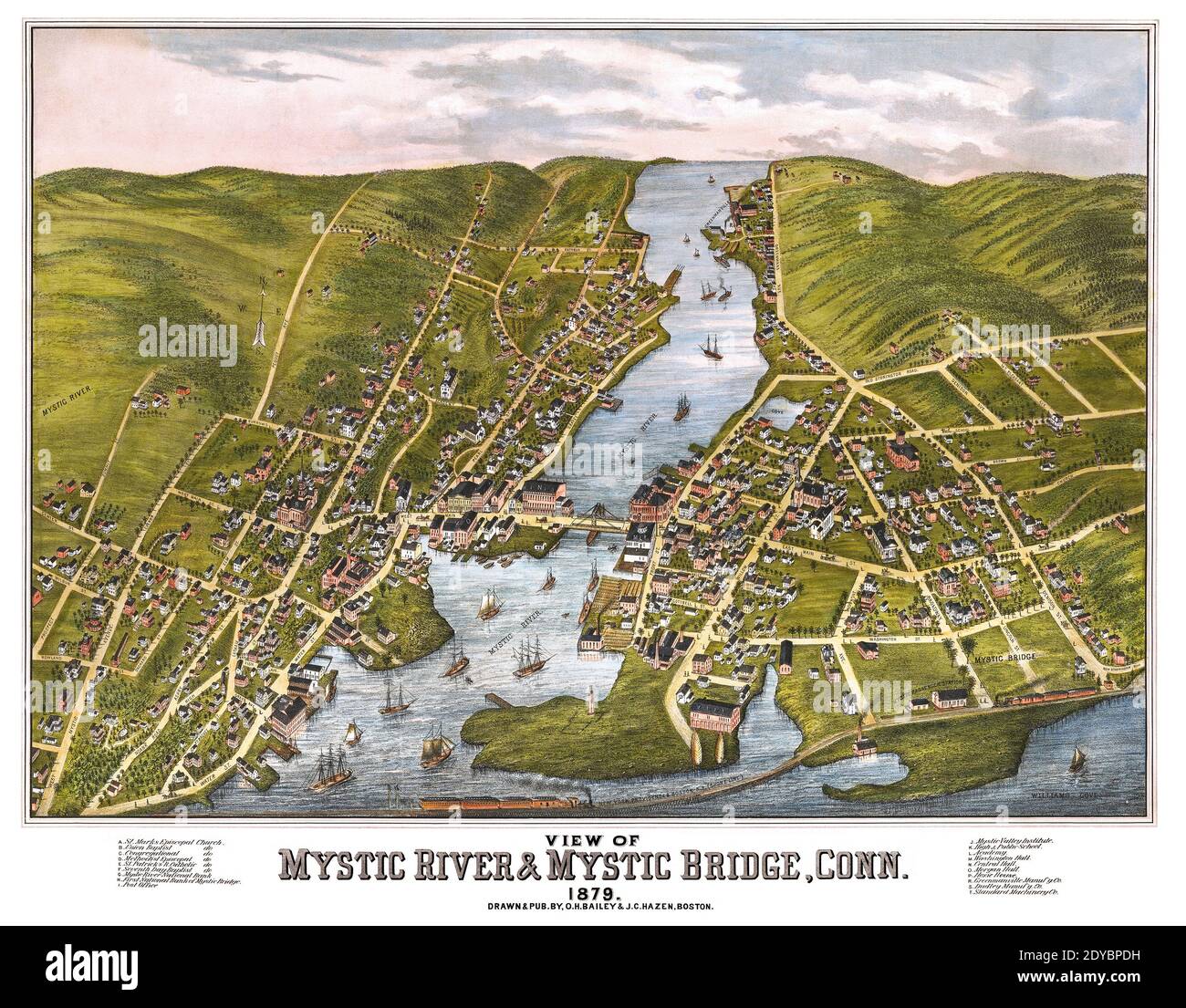 Reproduction soigneusement restaurée de la carte de perspective intitulée : vue sur la rivière Mystic et le pont Mystic, Connecticut. 1879 carte. Notez l'identification des noms de rue, des points de repère, des entreprises, des chemins de fer et des bâtiments de fabrication. Cette reproduction restaurée et détaillée fait ressortir de nombreux détails et monuments, ce qui fait de cette carte une grande référence historique. Banque D'Images