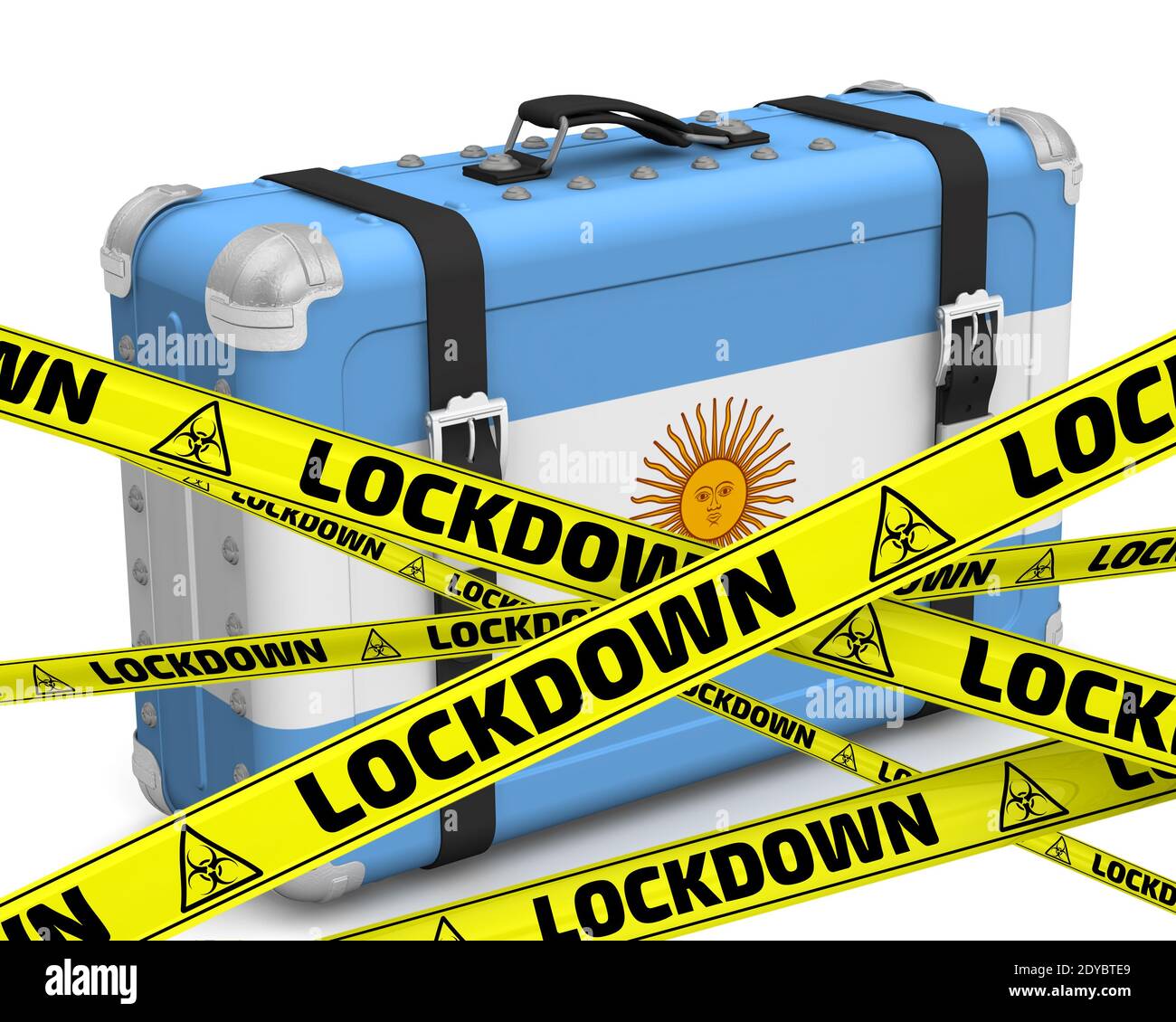 L'Argentine est en confinement. Valise rétro avec le drapeau de la République Argentine sur une surface blanche avec des bandes d'avertissement jaunes qui disent VERROUILLAGE Banque D'Images