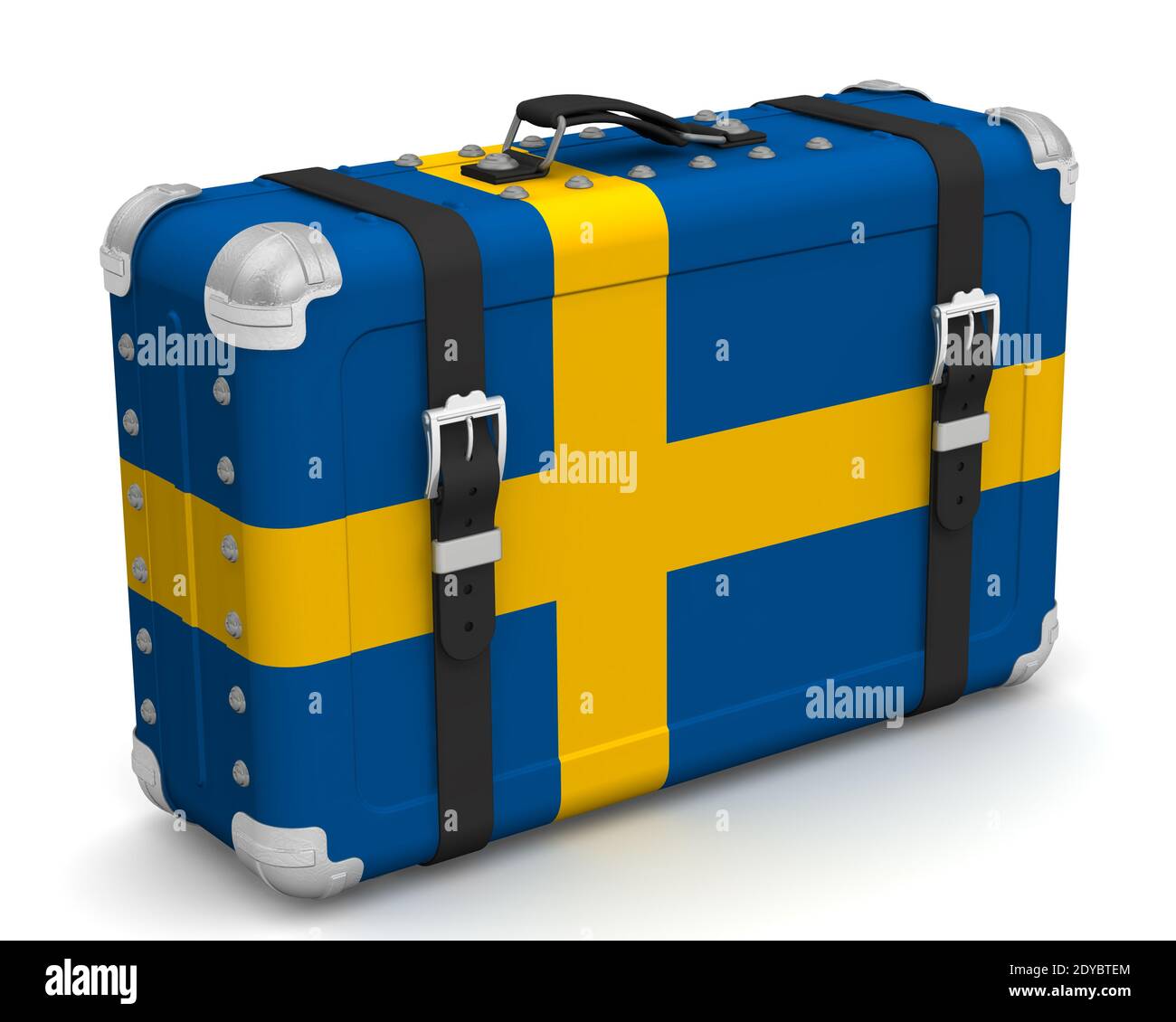 Valise élégante avec le drapeau national de la Suède. Valise rétro avec le drapeau national du Royaume de Suède se trouve sur une surface blanche Banque D'Images