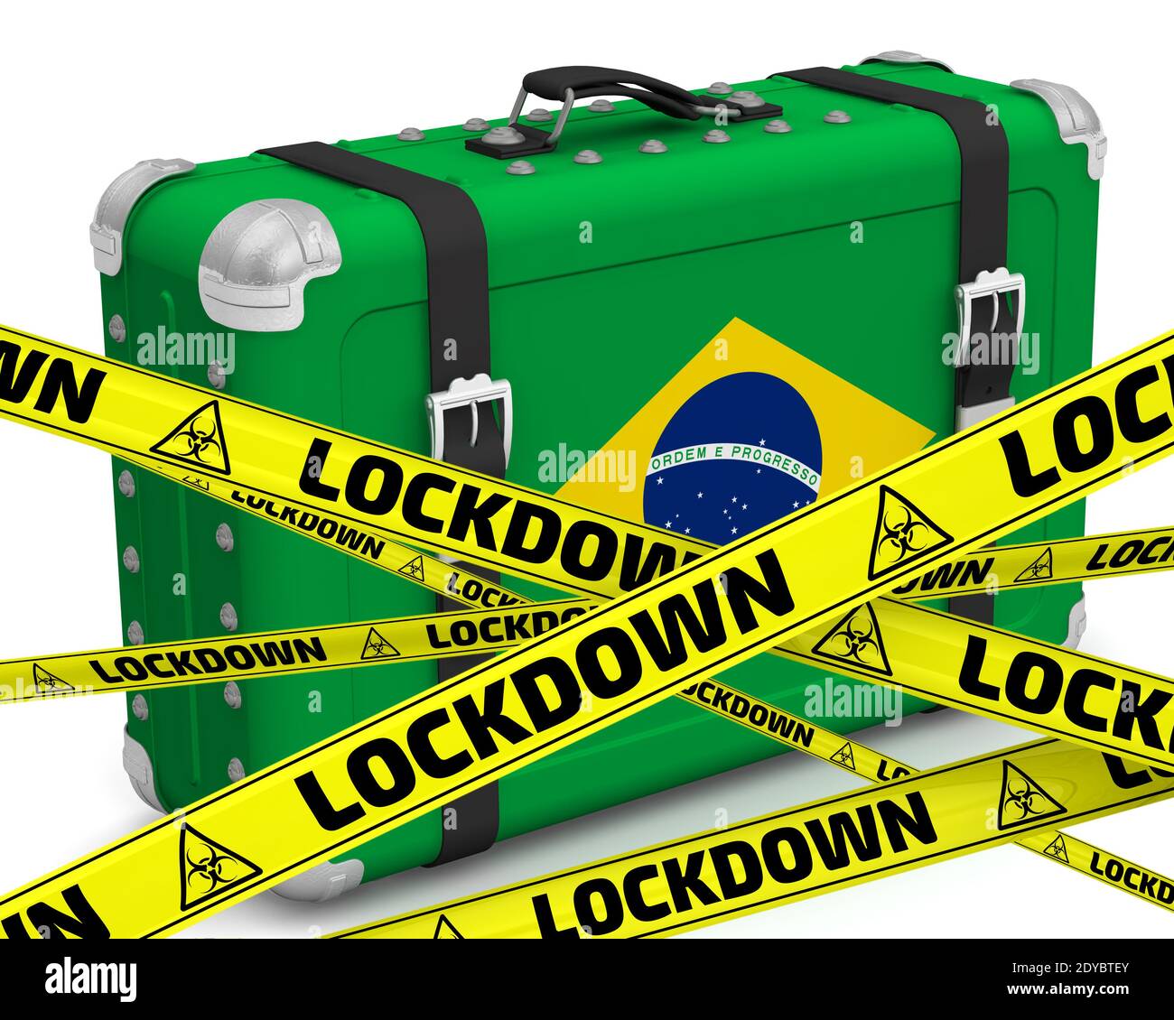Le Brésil est en confinement. Valise rétro avec le drapeau du Brésil se dresse sur une surface blanche avec des bandes d'avertissement jaunes qui disent VERROUILLAGE. Illustration 3D Banque D'Images