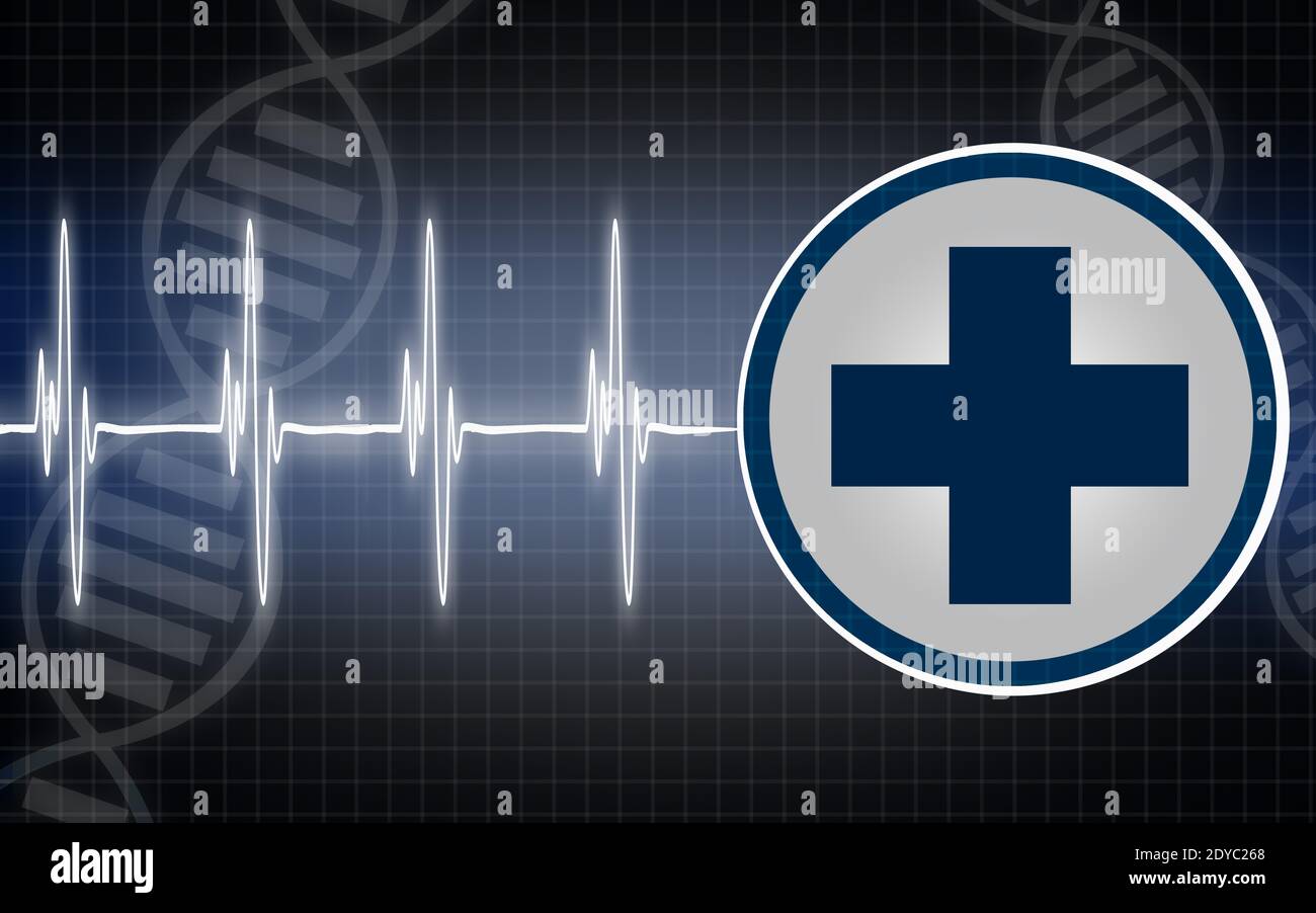 Illustration d'une croix d'urgence médicale avec pulsation cardiogramme en bleu Banque D'Images