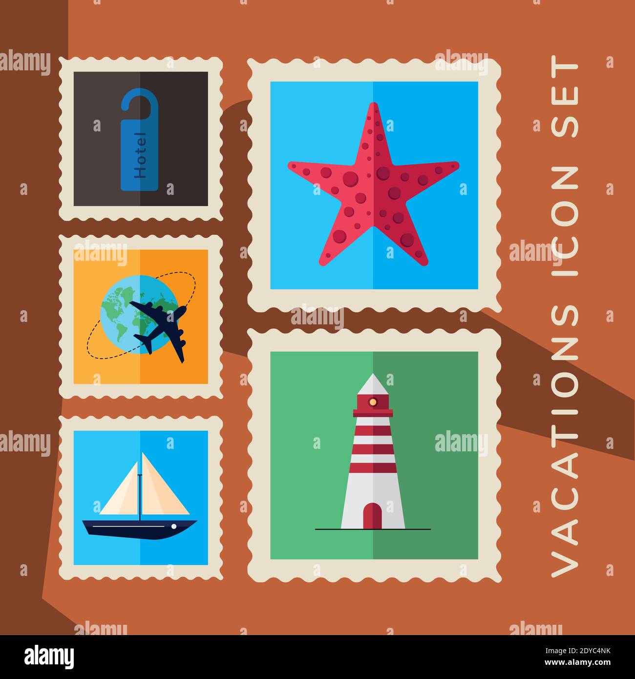 lot de cinq icônes de timbres de vacances dessin vectoriel d'illustration Illustration de Vecteur