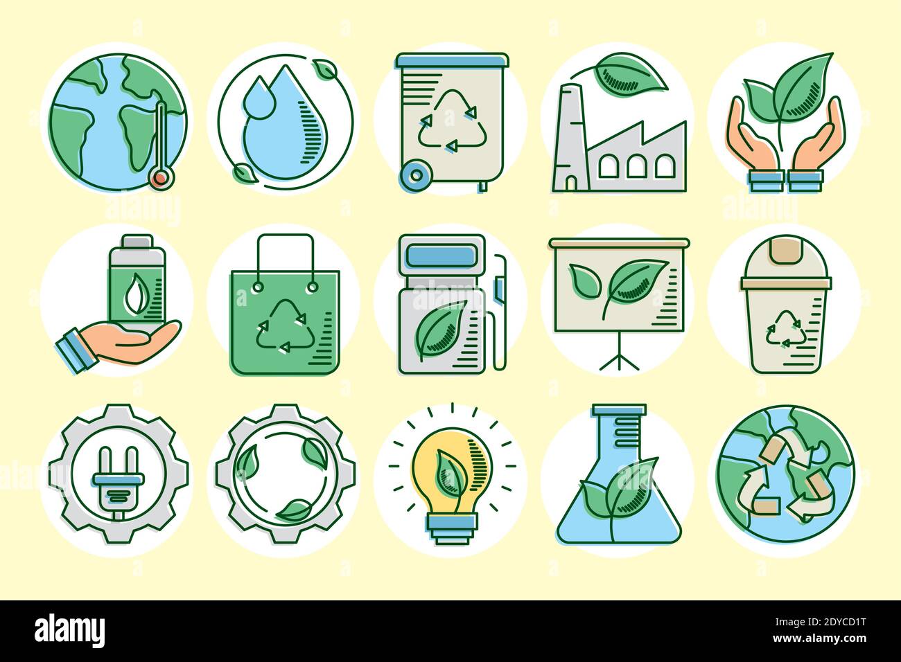 ensemble de quinze lignes écologiques et de terre et de style de remplissage définir les icônes de conception d'illustration vectorielle Illustration de Vecteur