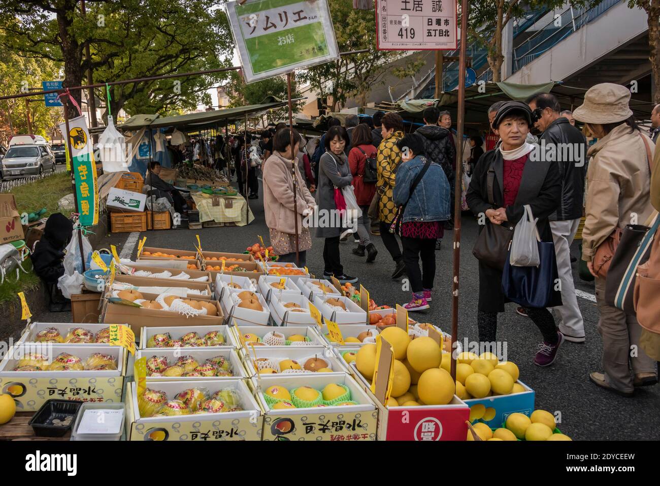 Stand de fruits et foules au marché du dimanche, Kochi, Japon Banque D'Images