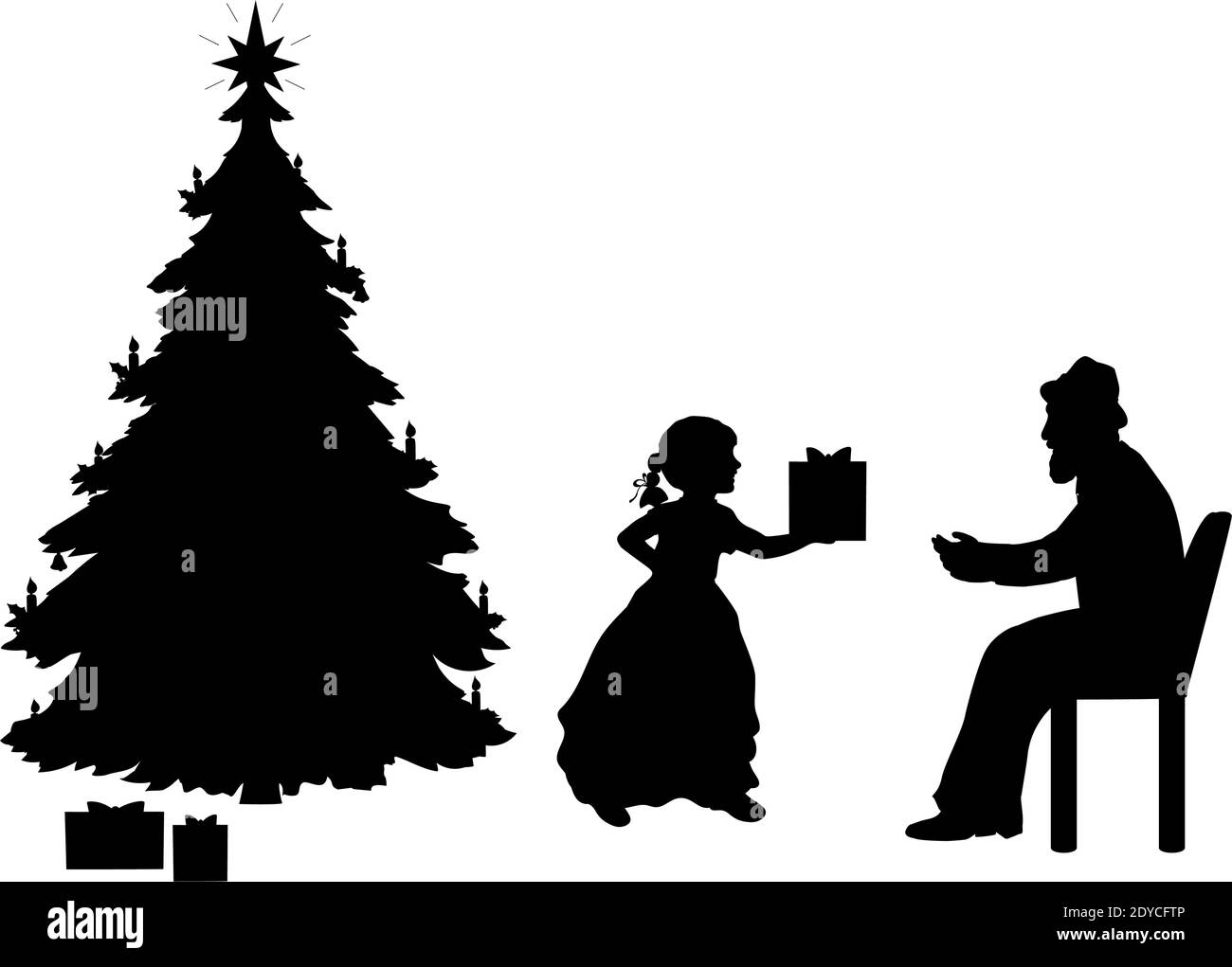 Silhouettes de petite-fille donnant à grand-père un cadeau de Noël arbre Illustration de Vecteur