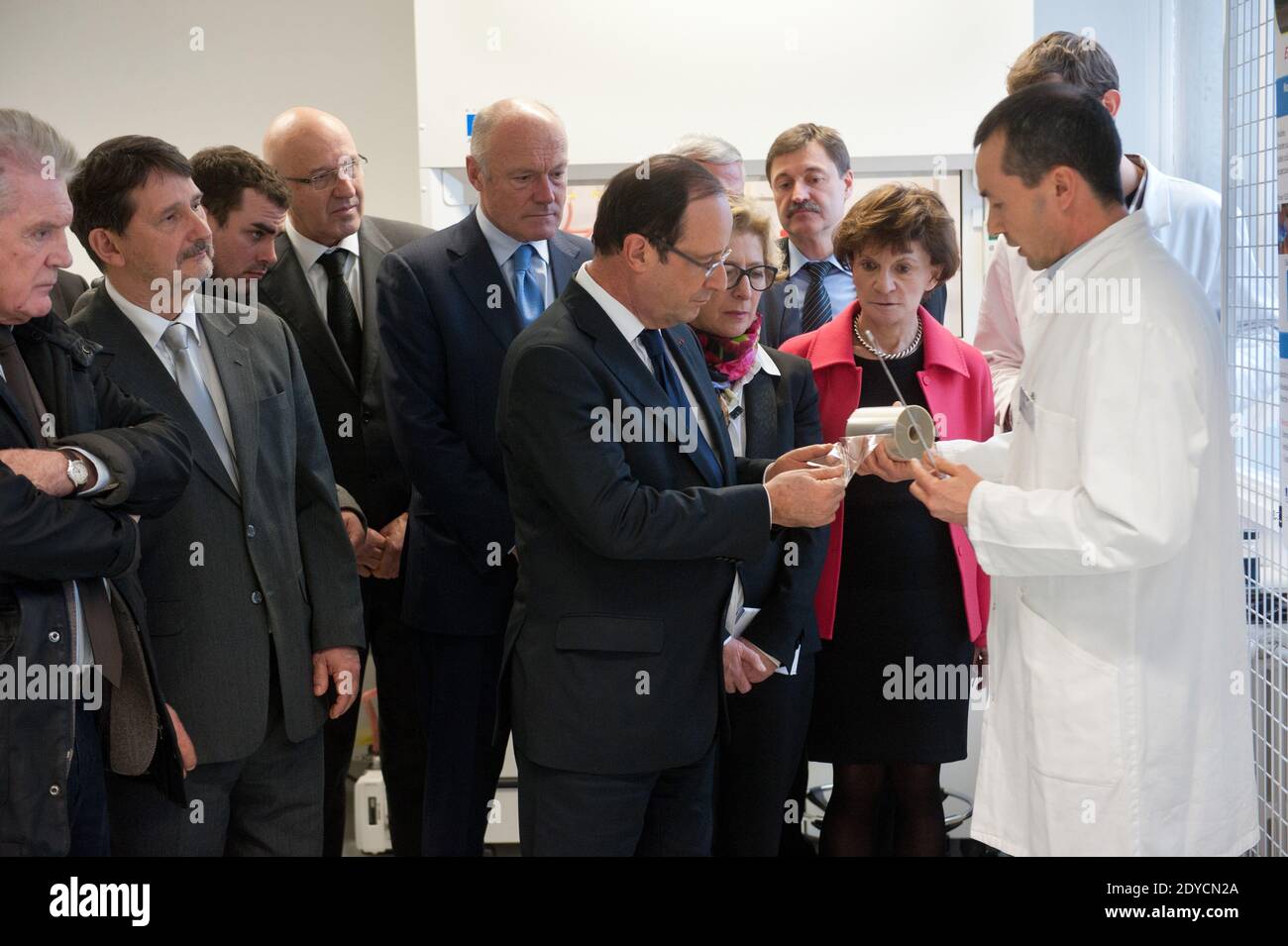 Alain Rousset, le président français François Hollande et la ministre française des personnes âgées et handicapées Michele Delaunay visitant le laboratoire de chimie « Polymeres organiques (LCPO) » à Talence, France, le 10 janvier 2013. Hollande était dans la région pour une visite consacrée aux investissements futurs et aux entreprises de haute technologie. Photo de Baptiste Fenouil/Pool/ABACAPRESS.COM Banque D'Images