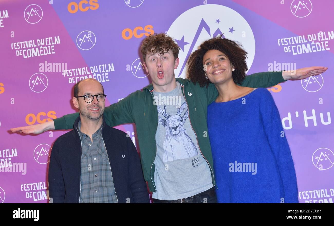STEFI Celma, Norman Thavaud et Maurice Barthelemy se posent lors du 16e Festival du film comique de l'Alpe d'Huez qui s'est tenu à l'Alpe d'Huez, en France, le 17 janvier 2013. Photo de Jeremy Charriau/ABACAPRESS.COM Banque D'Images