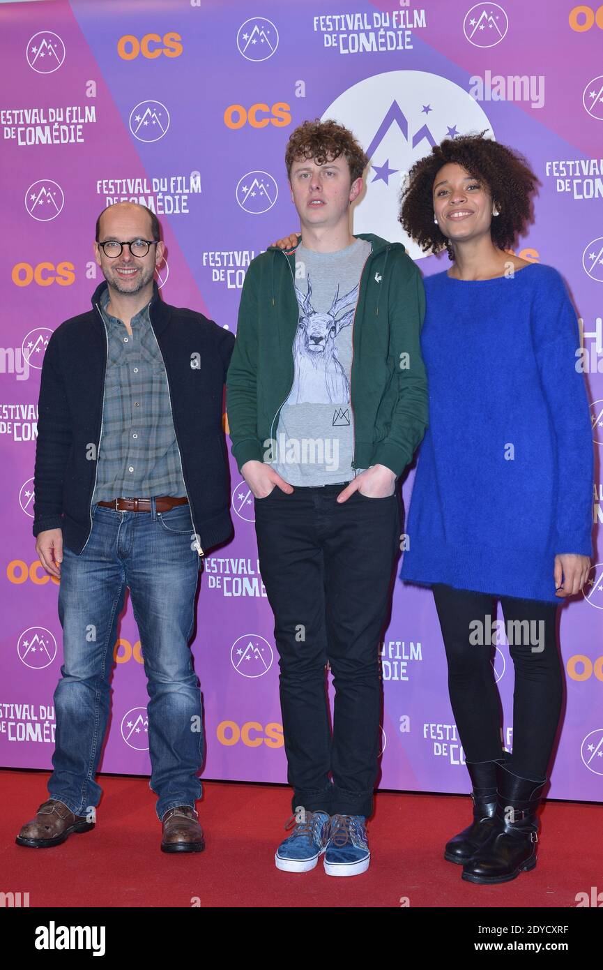 STEFI Celma, Norman Thavaud et Maurice Barthelemy se posent lors du 16e Festival du film comique de l'Alpe d'Huez qui s'est tenu à l'Alpe d'Huez, en France, le 17 janvier 2013. Photo de Jeremy Charriau/ABACAPRESS.COM Banque D'Images