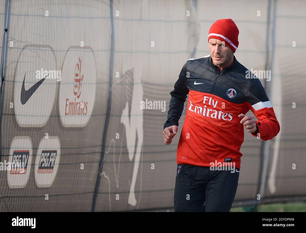 Nouveau joueur de Paris Saint-Germain David Beckham lors de sa première session de formation PSG au Camp des Loges à Saint-Germain-en-Laye, France, le 13 février 2013. Photo par Nikola Kis Derdei/ABACAPRESS.COM Banque D'Images