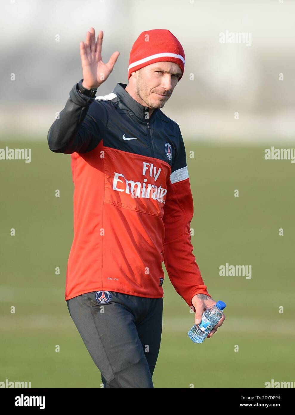 Le nouveau joueur du PSG David Beckham lors de sa première session d'entraînement du PSG au Camp des Loges à Saint-Germain-en-Laye, France, le 13 février 2013. Photo par Nikola Kis Derdei/ABACAPRESS.COM Banque D'Images