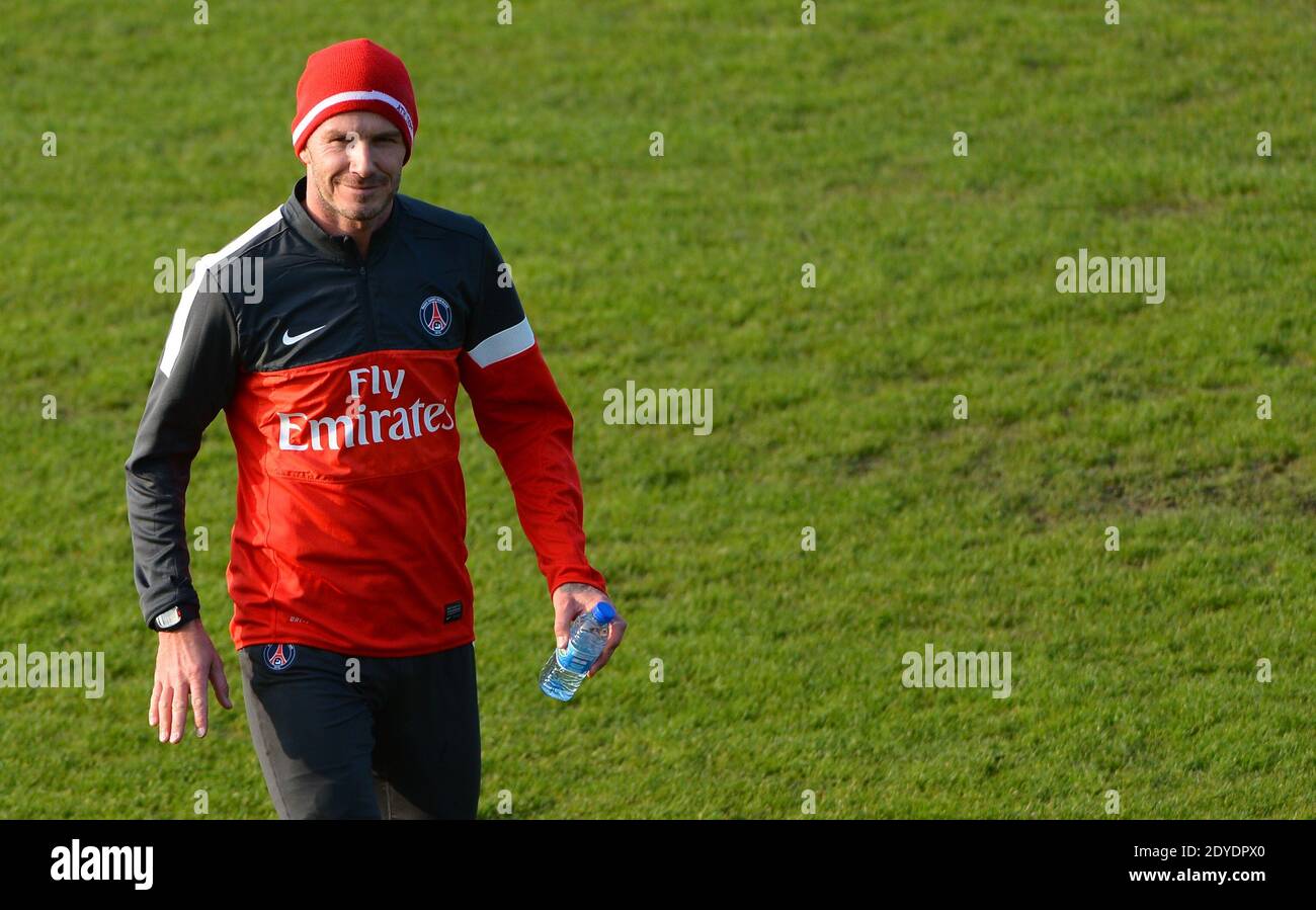 Nouveau joueur de Paris Saint-Germain David Beckham lors de sa première session de formation PSG au Camp des Loges à Saint-Germain-en-Laye, France, le 13 février 2013. Photo de Christian Liewig/ABACAPRESS.COM Banque D'Images