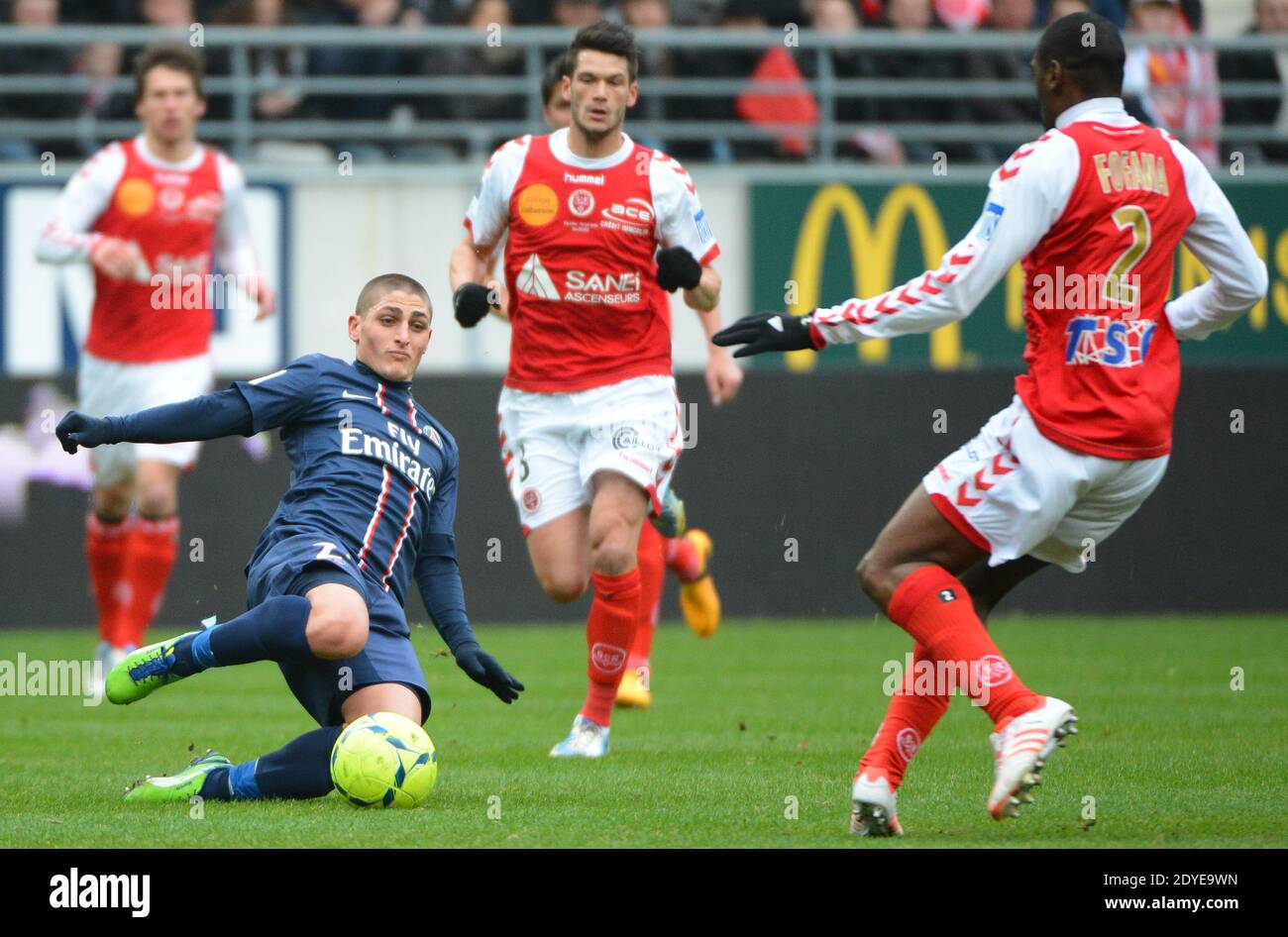 Marco Verratti du PSG lors du match de football de la première Ligue française, Reims contre Paris Saint-Germain au stade de Reims, France, le 2 mars 2013. Reims a gagné 1-0. Photo de Christian Liewig/ABACAPRESS.COM Banque D'Images