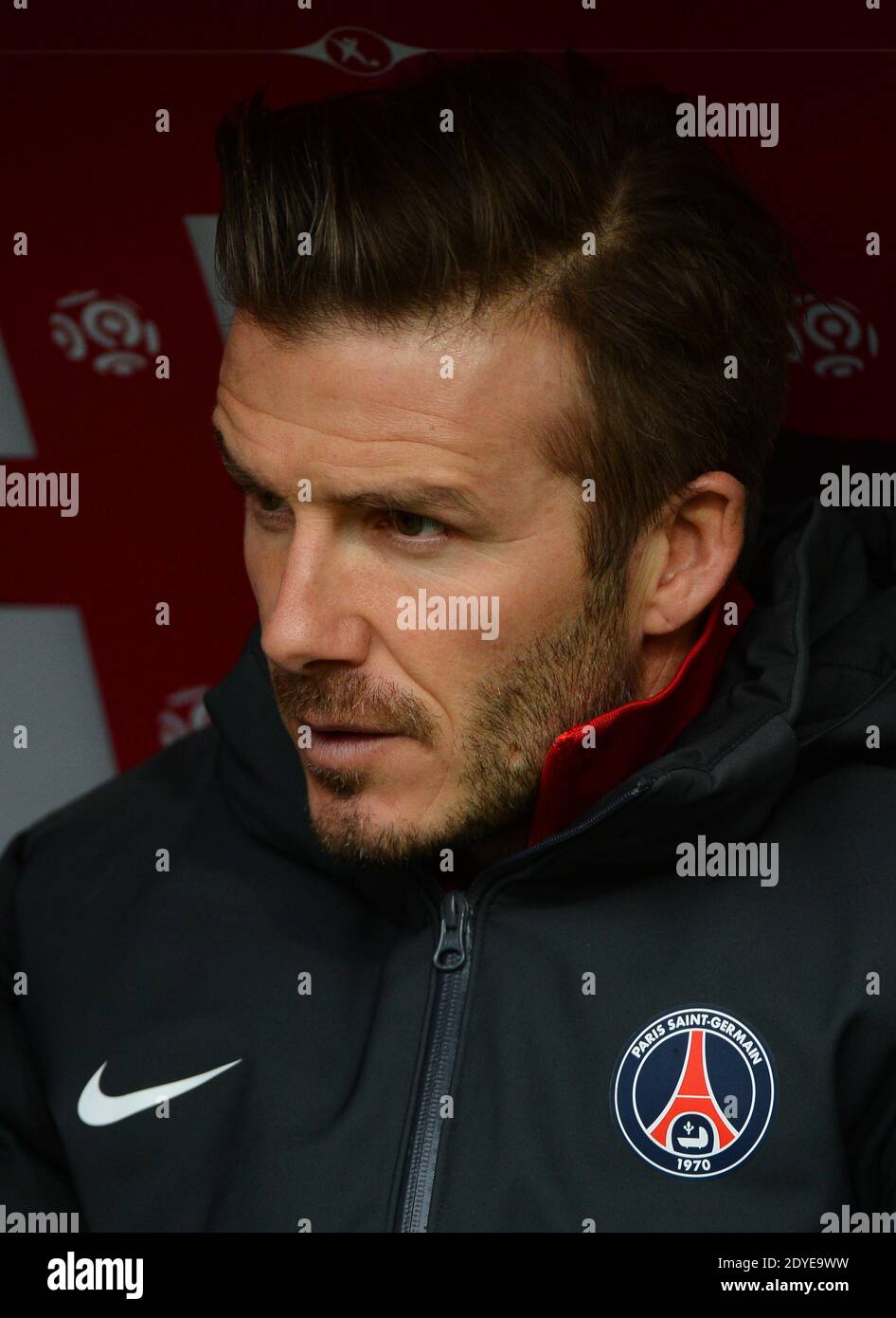 David Beckham du PSG lors du match de football de la première Ligue française, Reims contre Paris Saint-Germain au stade de Reims, France, le 2 mars 2013. Reims a gagné 1-0. Photo de Christian Liewig/ABACAPRESS.COM Banque D'Images