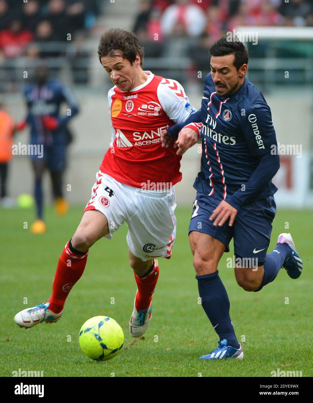 Ezequiel Lavezzi du PSG lors du match de football de la première Ligue française, Reims vs Paris Saint-Germain au stade de Reims, France, le 2 mars 2013. Reims a gagné 1-0. Photo de Christian Liewig/ABACAPRESS.COM Banque D'Images