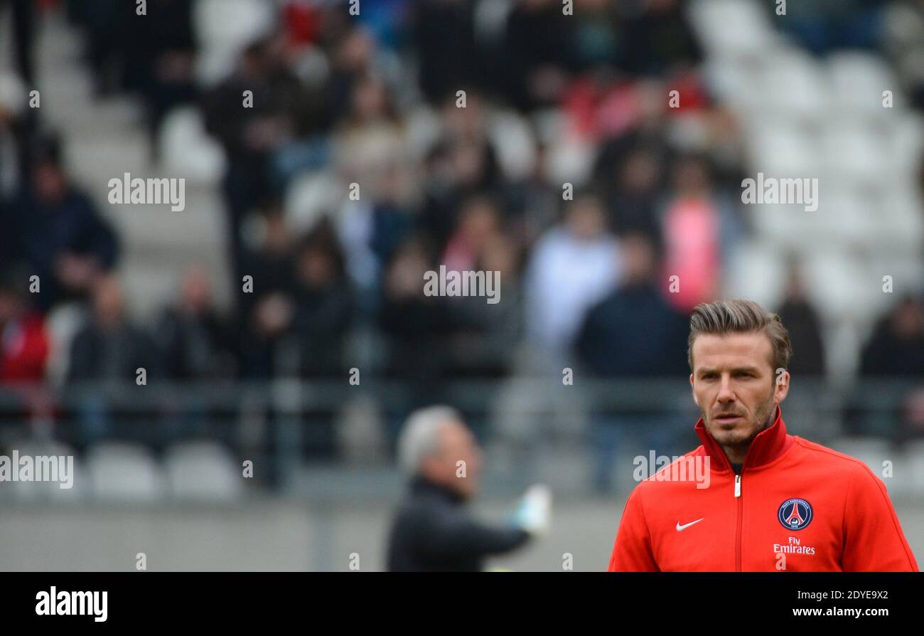 David Beckham du PSG lors du match de football de la première Ligue française, Reims contre Paris Saint-Germain au stade de Reims, France, le 2 mars 2013. Reims a gagné 1-0. Photo de Christian Liewig/ABACAPRESS.COM Banque D'Images