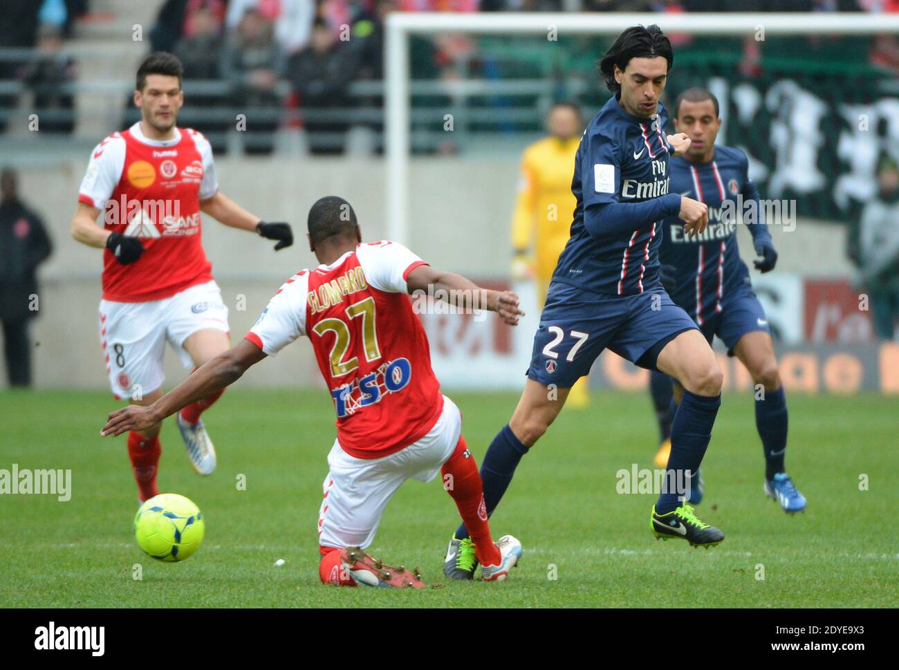 Javier Pastore du PSG lors du match de football de la première Ligue française, Reims contre Paris Saint-Germain au stade de Reims, France, le 2 mars 2013. Reims a gagné 1-0. Photo de Christian Liewig/ABACAPRESS.COM Banque D'Images