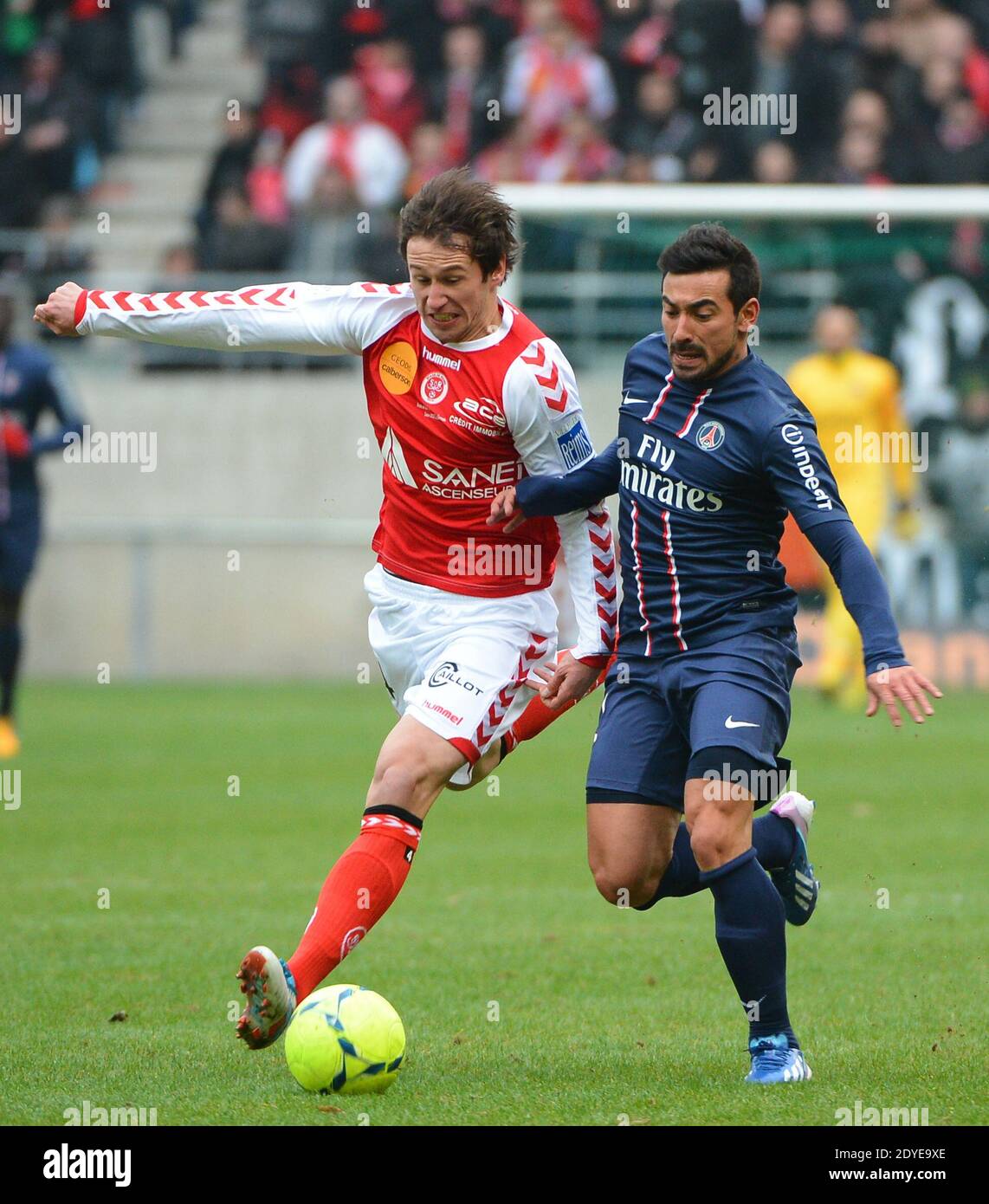 Ezequiel Lavezzi du PSG lors du match de football de la première Ligue française, Reims vs Paris Saint-Germain au stade de Reims, France, le 2 mars 2013. Reims a gagné 1-0. Photo de Christian Liewig/ABACAPRESS.COM Banque D'Images