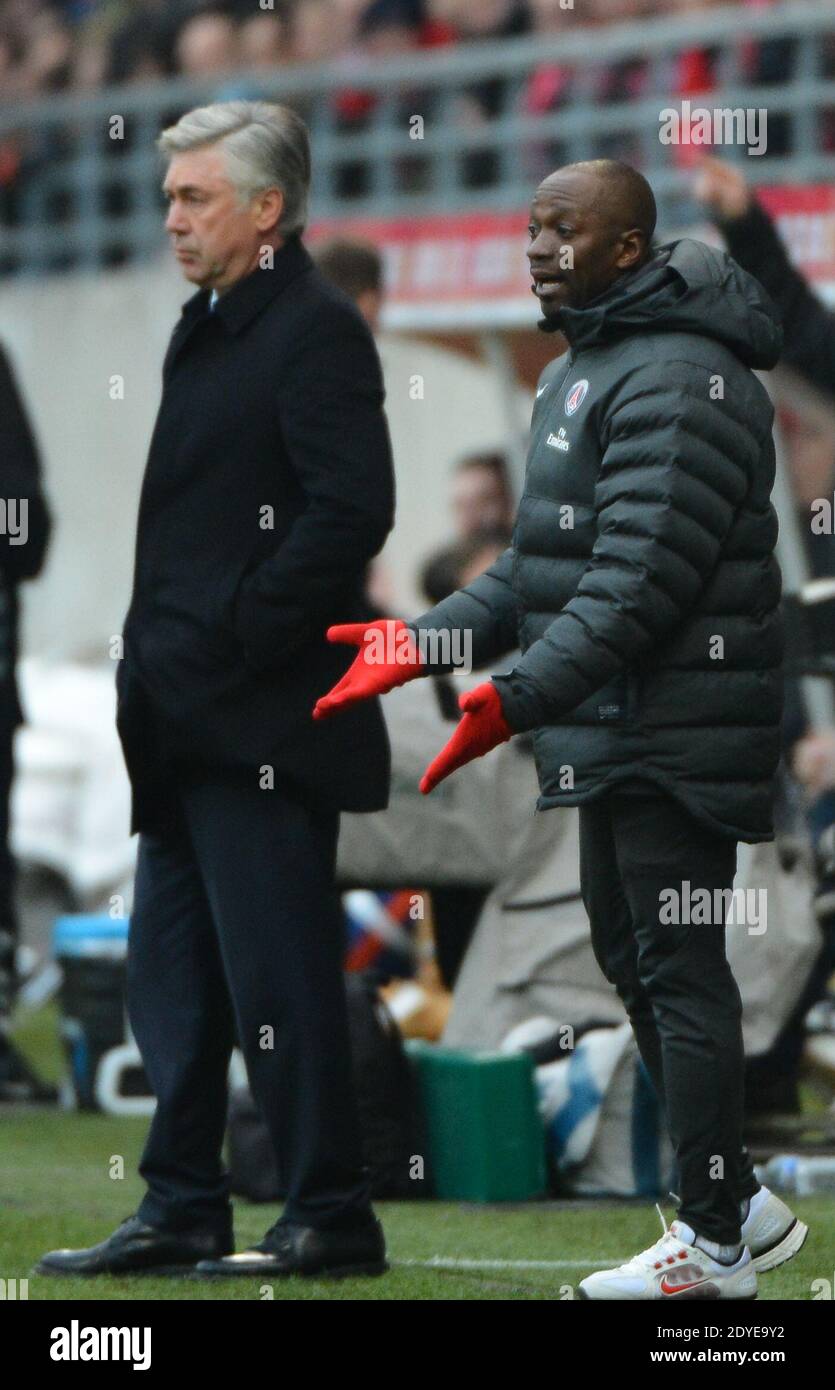 Carlo Ancelotti du PSG lors du match de football de la première Ligue française, Reims contre Paris Saint-Germain au stade de Reims, France, le 2 mars 2013. Reims a gagné 1-0. Photo de Christian Liewig/ABACAPRESS.COM Banque D'Images