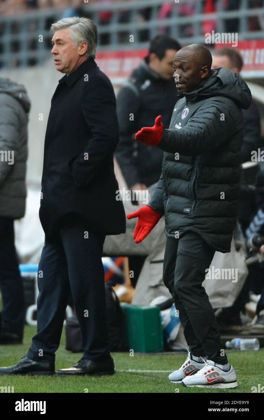 Carlo Ancelotti du PSG lors du match de football de la première Ligue française, Reims contre Paris Saint-Germain au stade de Reims, France, le 2 mars 2013. Reims a gagné 1-0. Photo de Christian Liewig/ABACAPRESS.COM Banque D'Images