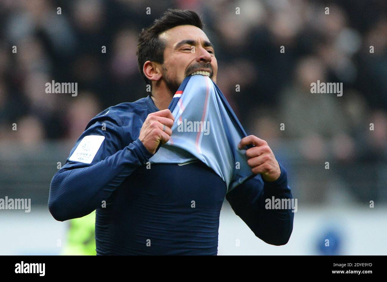 Ezequiel Lavezzi du PSG lors du match de football de la première Ligue française, Reims vs Paris Saint-Germain au stade de Reims, France, le 2 mars 2013. Reims a gagné 1-0. Photo de Christian Liewig/ABACAPRESS.COM Banque D'Images