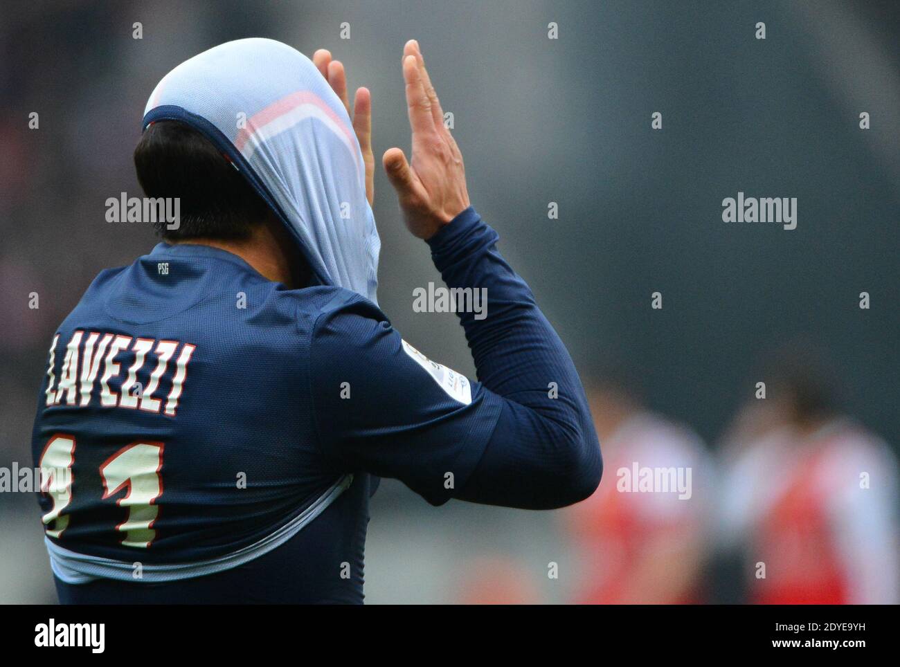 Ezequiel Lavezzi du PSG lors du match de football de la première Ligue française, Reims vs Paris Saint-Germain au stade de Reims, France, le 2 mars 2013. Reims a gagné 1-0. Photo de Christian Liewig/ABACAPRESS.COM Banque D'Images