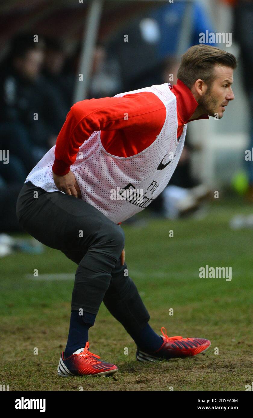 David Beckham du PSG lors du match de football de la première Ligue française, Reims contre Paris Saint-Germain au stade de Reims, France, le 2 mars 2013. Reims a gagné 1-0. Photo de Christian Liewig/ABACAPRESS.COM Banque D'Images
