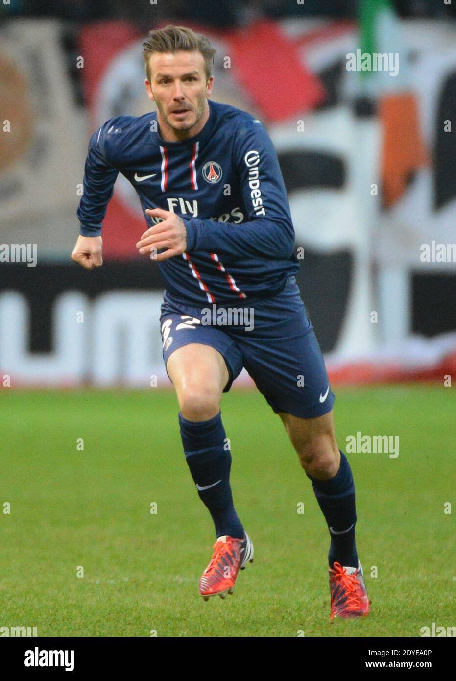 David Beckham du PSG lors du match de football de la première Ligue française, Reims contre Paris Saint-Germain au stade de Reims, France, le 2 mars 2013. Reims a gagné 1-0. Photo de Christian Liewig/ABACAPRESS.COM Banque D'Images
