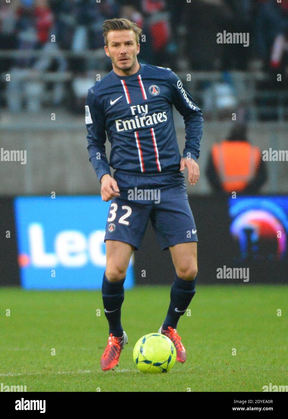 David Beckham du PSG lors du match de football de la première Ligue française, Reims contre Paris Saint-Germain au stade de Reims, France, le 2 mars 2013. Reims a gagné 1-0. Photo de Christian Liewig/ABACAPRESS.COM Banque D'Images