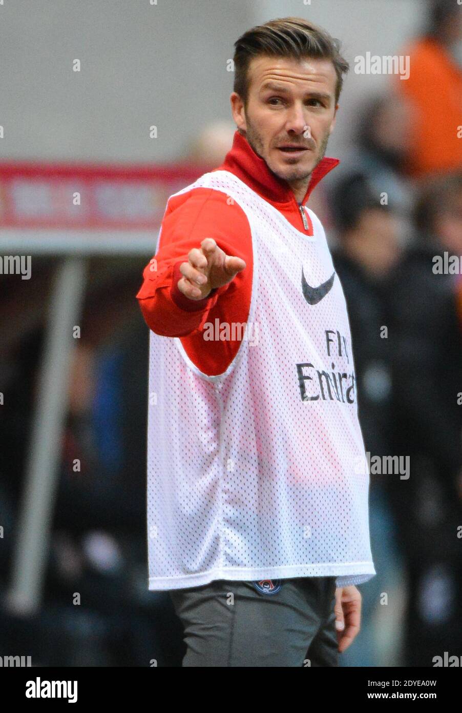 David Beckham du PSG lors du match de football de la première Ligue française, Reims contre Paris Saint-Germain au stade de Reims, France, le 2 mars 2013. Reims a gagné 1-0. Photo de Christian Liewig/ABACAPRESS.COM Banque D'Images