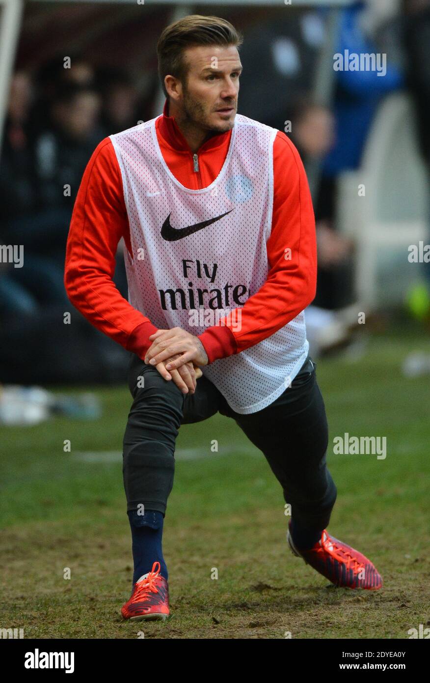 David Beckham du PSG lors du match de football de la première Ligue française, Reims contre Paris Saint-Germain au stade de Reims, France, le 2 mars 2013. Reims a gagné 1-0. Photo de Christian Liewig/ABACAPRESS.COM Banque D'Images