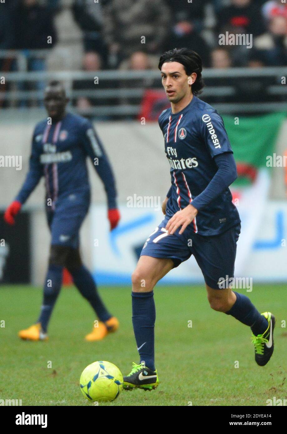 Javier Pastore du PSG lors du match de football de la première Ligue française, Reims contre Paris Saint-Germain au stade de Reims, France, le 2 mars 2013. Reims a gagné 1-0. Photo de Christian Liewig/ABACAPRESS.COM Banque D'Images