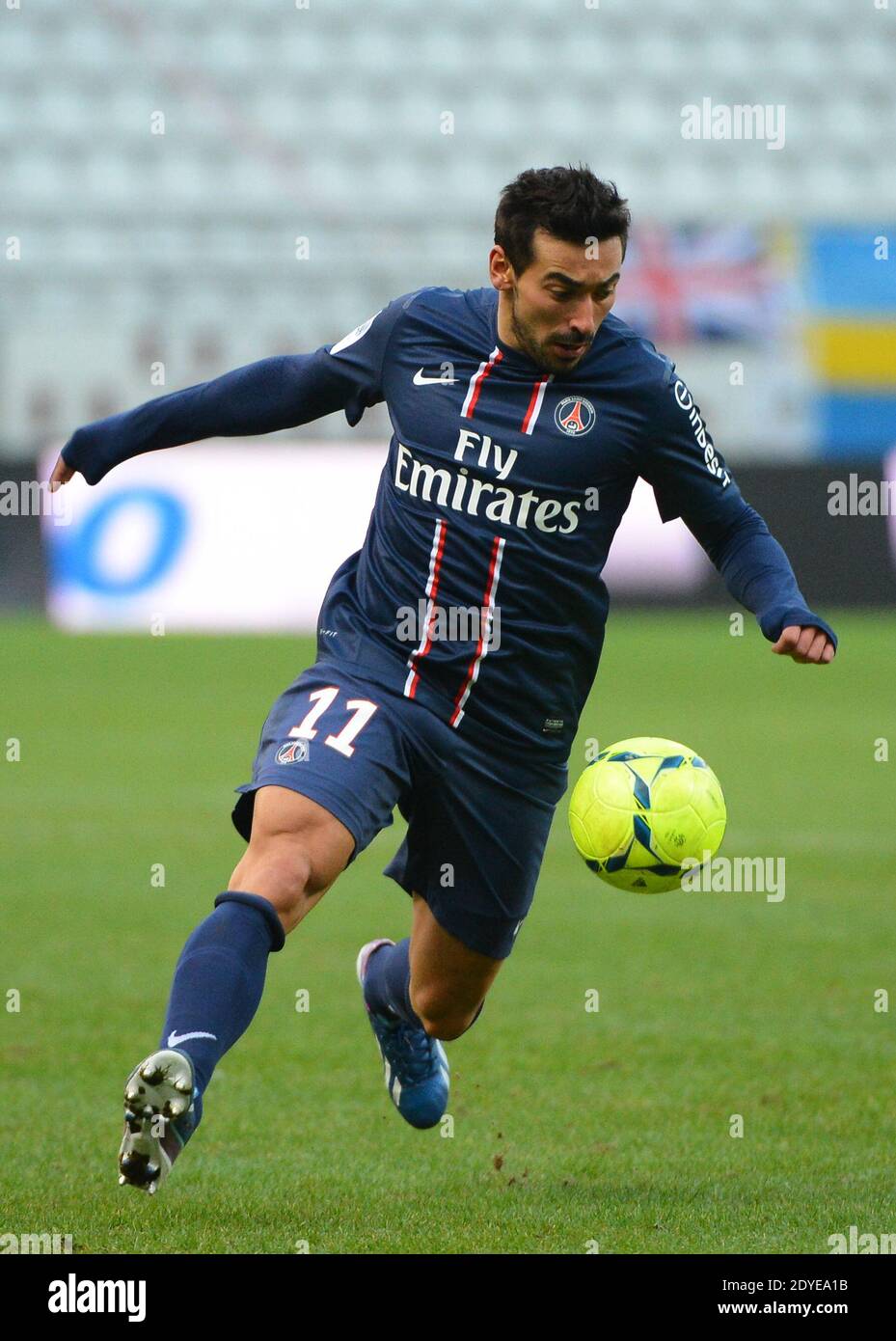 Ezequiel Lavezzi du PSG lors du match de football de la première Ligue française, Reims vs Paris Saint-Germain au stade de Reims, France, le 2 mars 2013. Reims a gagné 1-0. Photo de Christian Liewig/ABACAPRESS.COM Banque D'Images