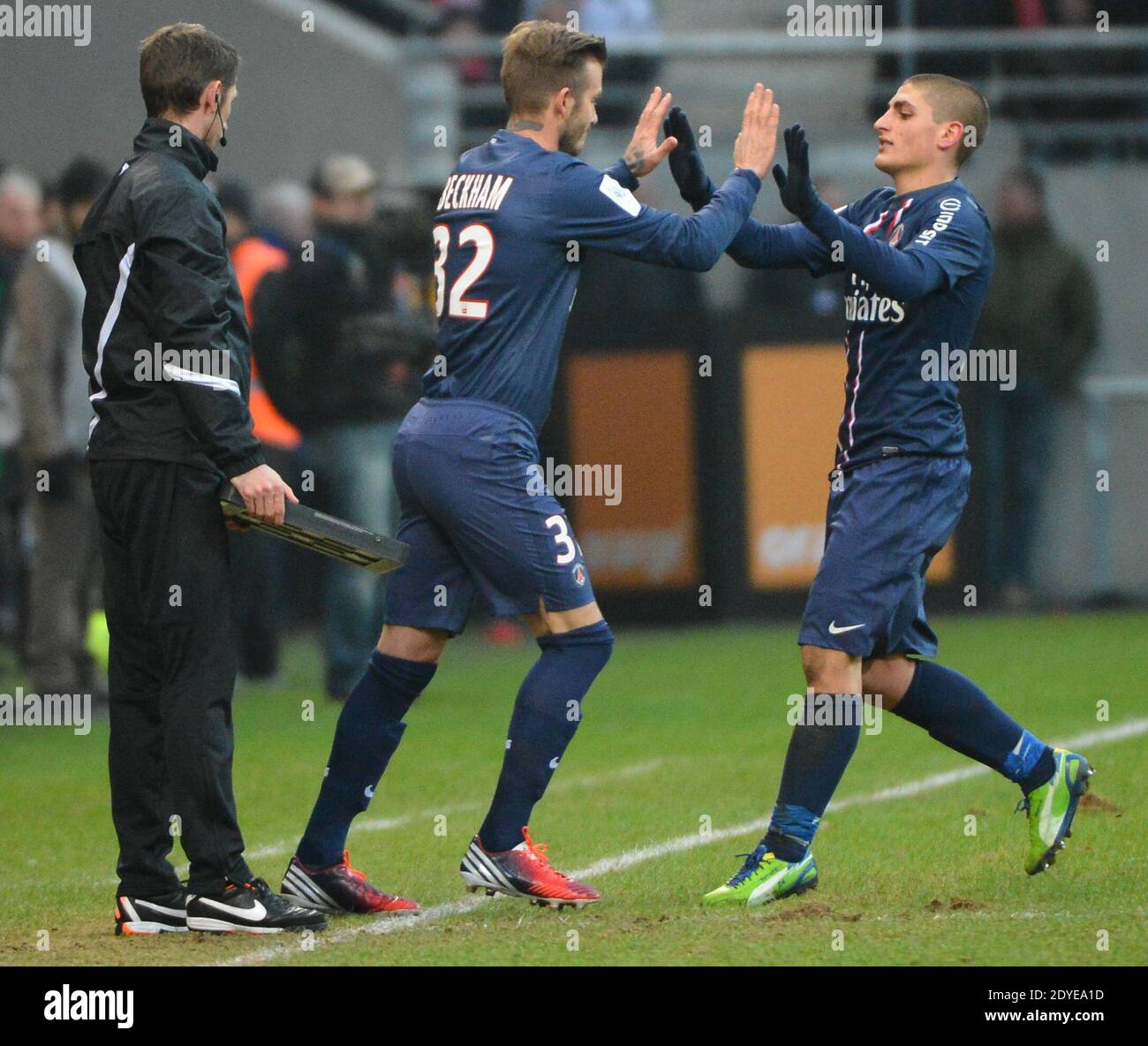 David Beckham du PSG lors du match de football de la première Ligue française, Reims contre Paris Saint-Germain au stade de Reims, France, le 2 mars 2013. Reims a gagné 1-0. Photo de Christian Liewig/ABACAPRESS.COM Banque D'Images
