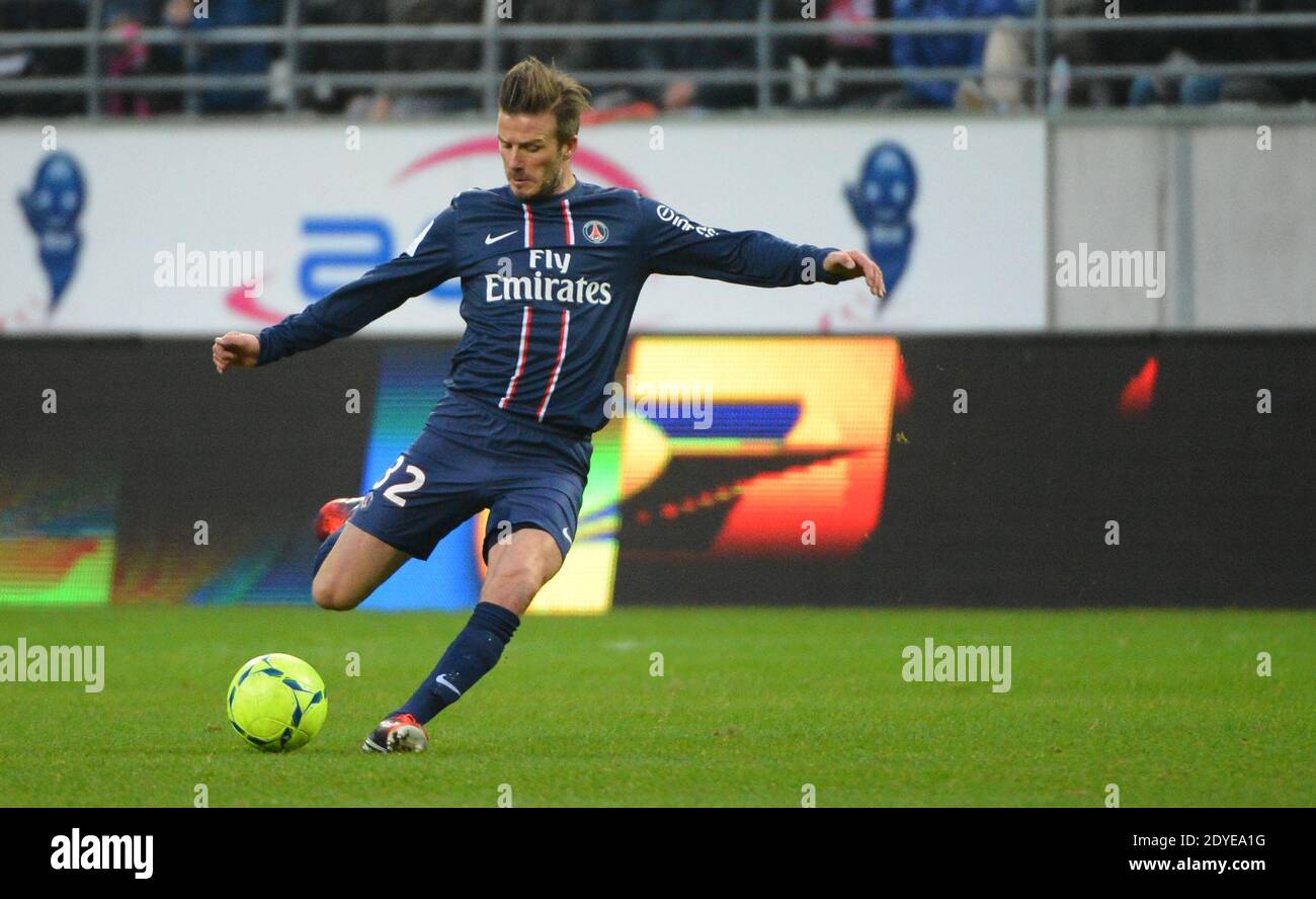 David Beckham du PSG lors du match de football de la première Ligue française, Reims contre Paris Saint-Germain au stade de Reims, France, le 2 mars 2013. Reims a gagné 1-0. Photo de Christian Liewig/ABACAPRESS.COM Banque D'Images