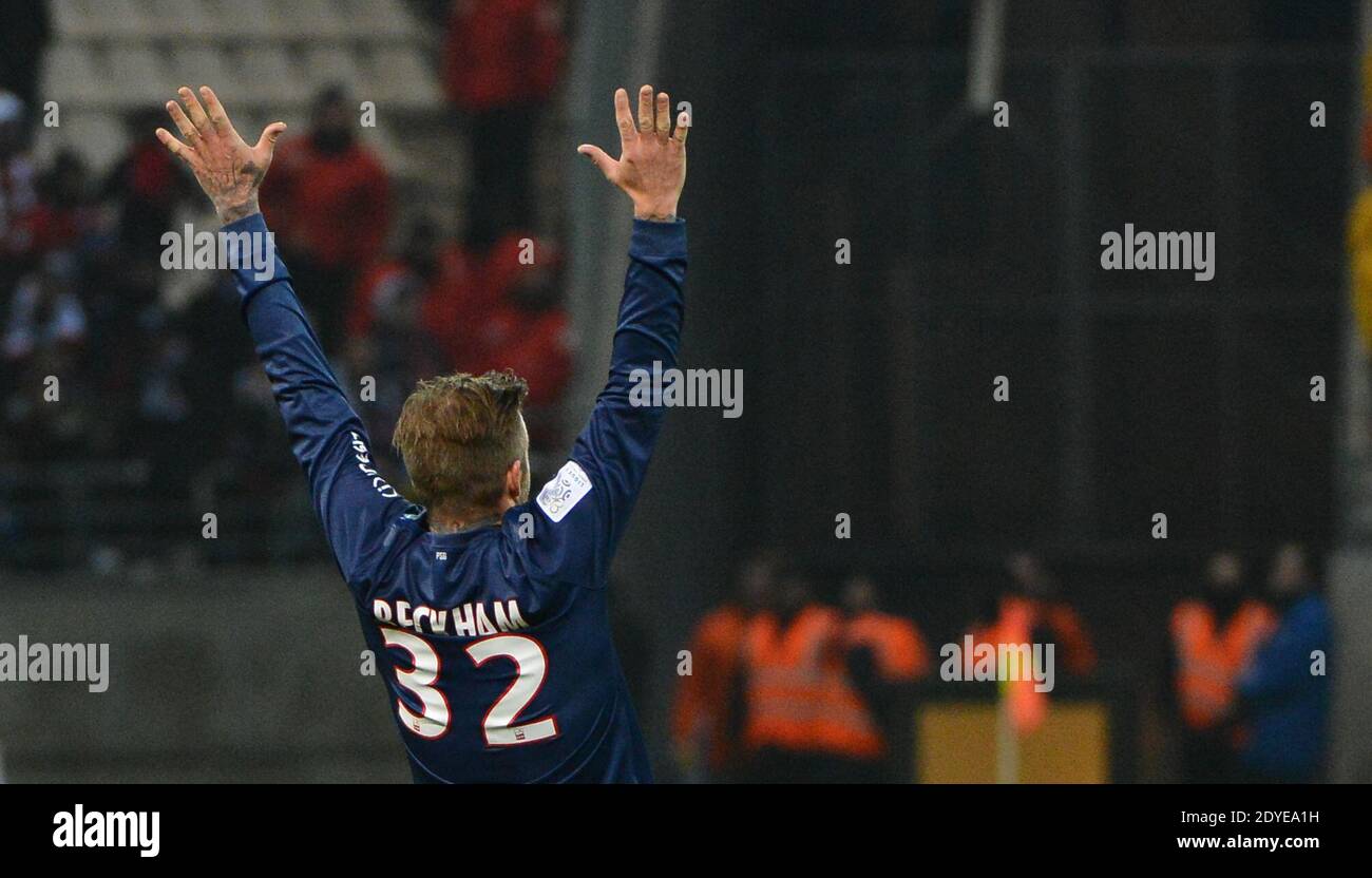 David Beckham du PSG lors du match de football de la première Ligue française, Reims contre Paris Saint-Germain au stade de Reims, France, le 2 mars 2013. Reims a gagné 1-0. Photo de Christian Liewig/ABACAPRESS.COM Banque D'Images