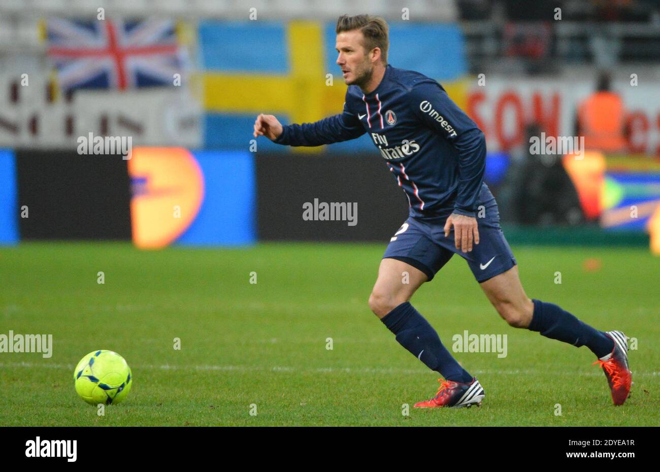 David Beckham du PSG lors du match de football de la première Ligue française, Reims contre Paris Saint-Germain au stade de Reims, France, le 2 mars 2013. Reims a gagné 1-0. Photo de Christian Liewig/ABACAPRESS.COM Banque D'Images