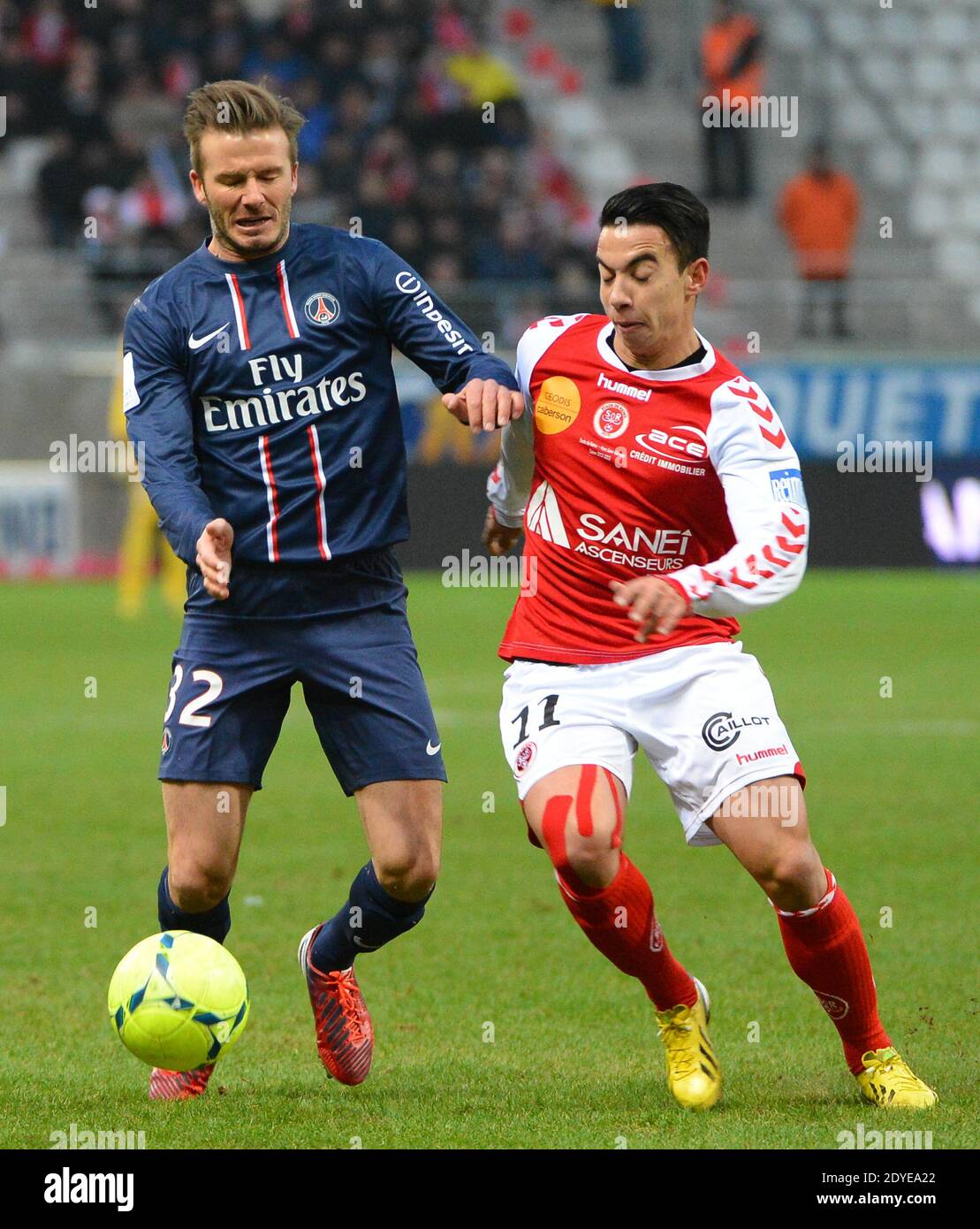 David Beckham du PSG lors du match de football de la première Ligue française, Reims contre Paris Saint-Germain au stade de Reims, France, le 2 mars 2013. Reims a gagné 1-0. Photo de Christian Liewig/ABACAPRESS.COM Banque D'Images