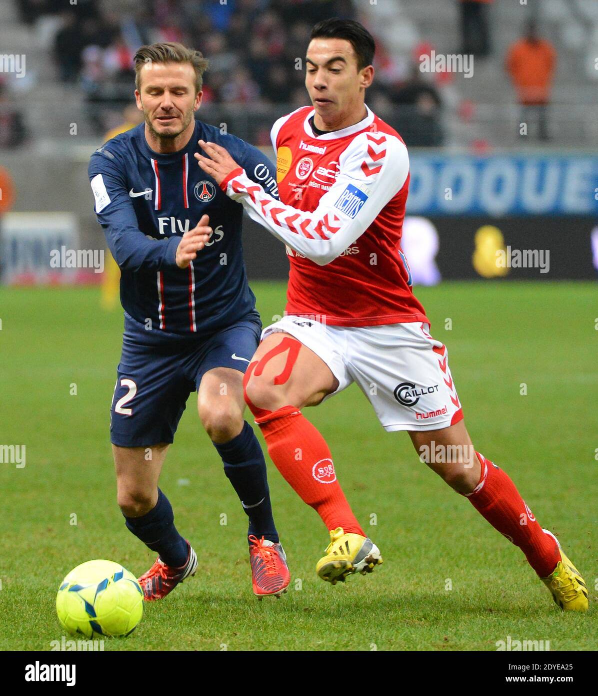 David Beckham du PSG lors du match de football de la première Ligue française, Reims contre Paris Saint-Germain au stade de Reims, France, le 2 mars 2013. Reims a gagné 1-0. Photo de Christian Liewig/ABACAPRESS.COM Banque D'Images