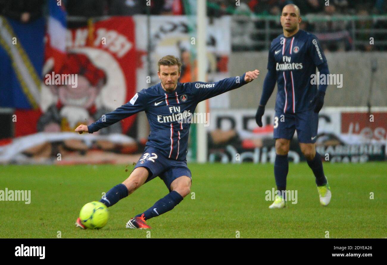 David Beckham du PSG lors du match de football de la première Ligue française, Reims contre Paris Saint-Germain au stade de Reims, France, le 2 mars 2013. Reims a gagné 1-0. Photo de Christian Liewig/ABACAPRESS.COM Banque D'Images