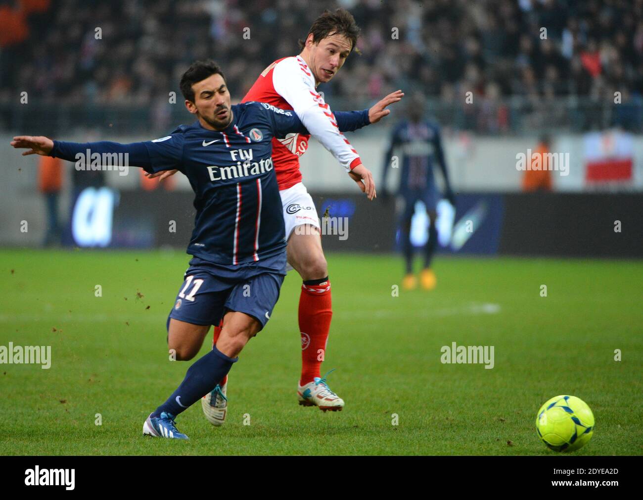 Ezequiel Lavezzi du PSG lors du match de football de la première Ligue française, Reims vs Paris Saint-Germain au stade de Reims, France, le 2 mars 2013. Reims a gagné 1-0. Photo de Christian Liewig/ABACAPRESS.COM Banque D'Images