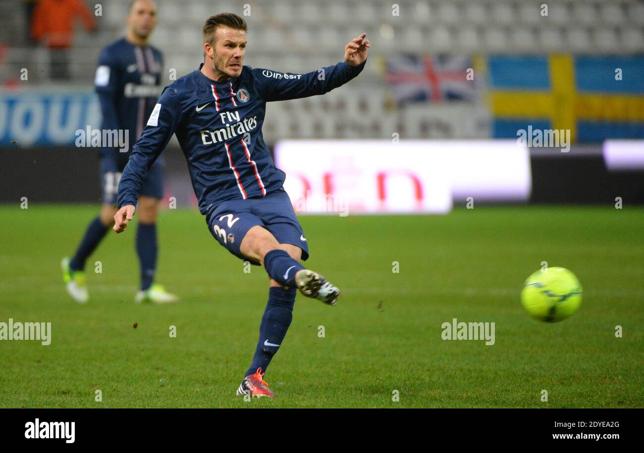 David Beckham du PSG lors du match de football de la première Ligue française, Reims contre Paris Saint-Germain au stade de Reims, France, le 2 mars 2013. Reims a gagné 1-0. Photo de Christian Liewig/ABACAPRESS.COM Banque D'Images