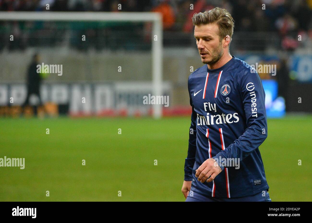 David Beckham du PSG lors du match de football de la première Ligue française, Reims contre Paris Saint-Germain au stade de Reims, France, le 2 mars 2013. Reims a gagné 1-0. Photo de Christian Liewig/ABACAPRESS.COM Banque D'Images