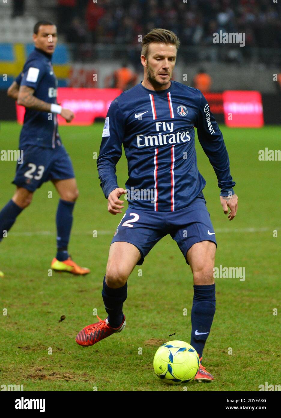 David Beckham du PSG lors du match de football de la première Ligue française, Reims contre Paris Saint-Germain au stade de Reims, France, le 2 mars 2013. Reims a gagné 1-0. Photo de Christian Liewig/ABACAPRESS.COM Banque D'Images
