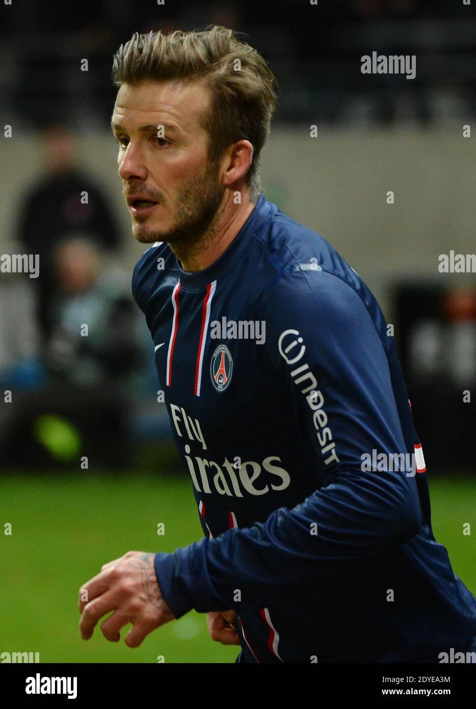 David Beckham du PSG lors du match de football de la première Ligue française, Reims contre Paris Saint-Germain au stade de Reims, France, le 2 mars 2013. Reims a gagné 1-0. Photo de Christian Liewig/ABACAPRESS.COM Banque D'Images