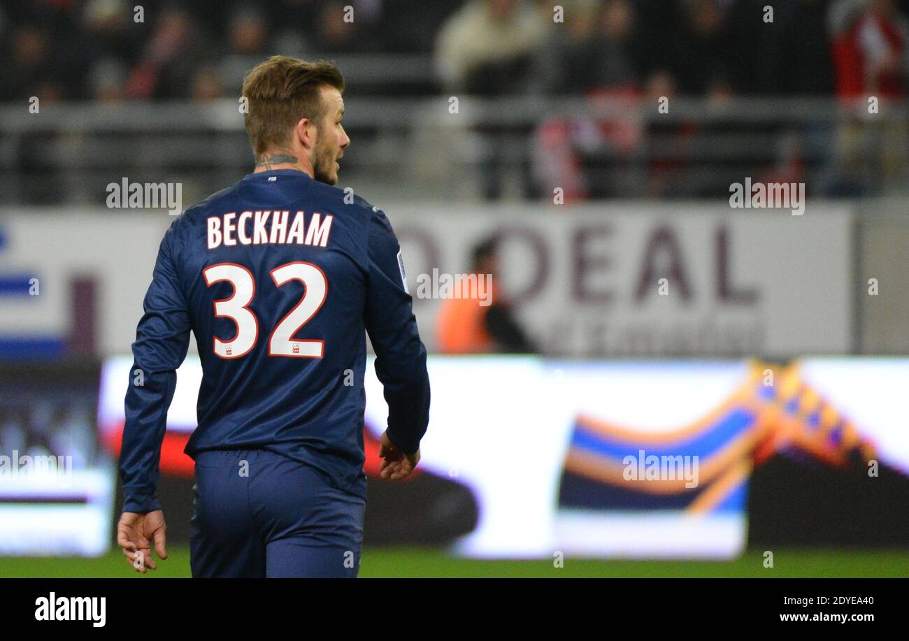 David Beckham du PSG lors du match de football de la première Ligue française, Reims contre Paris Saint-Germain au stade de Reims, France, le 2 mars 2013. Reims a gagné 1-0. Photo de Christian Liewig/ABACAPRESS.COM Banque D'Images