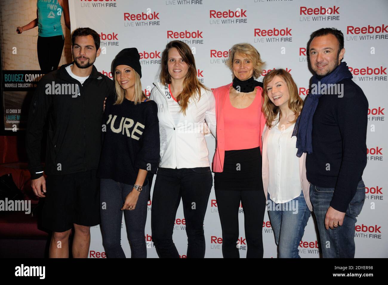 Alexandre Devoise, Alexandra Rosenfeld, Louise Ekland, Brice (Koh Lanta), Laure Manaudou participant à la conférence de presse Reebok au Club Med Gym Bastille à Paris, France, le 19 mars 2013. Photo d'Alban Wyters/ABACAPRESS.COM Banque D'Images