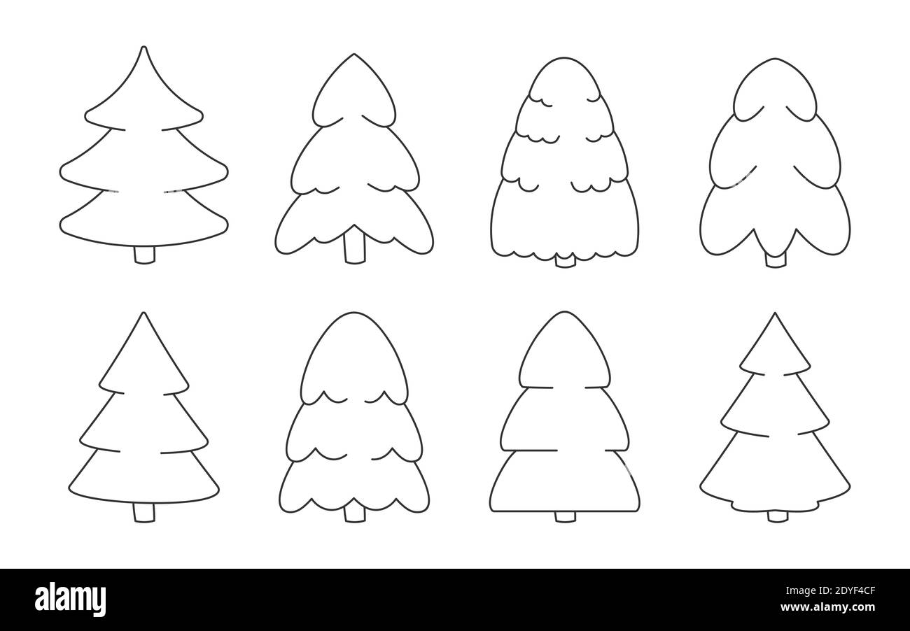 Ligne noire arbres de Noël forêt, modèle d'icônes ensemble. Sapin de formes différentes. Symbole du nouvel an. L'épinette comme élément traditionnel, symbole nouvel an vacances hiver saison. Illustration vectorielle isolée Illustration de Vecteur