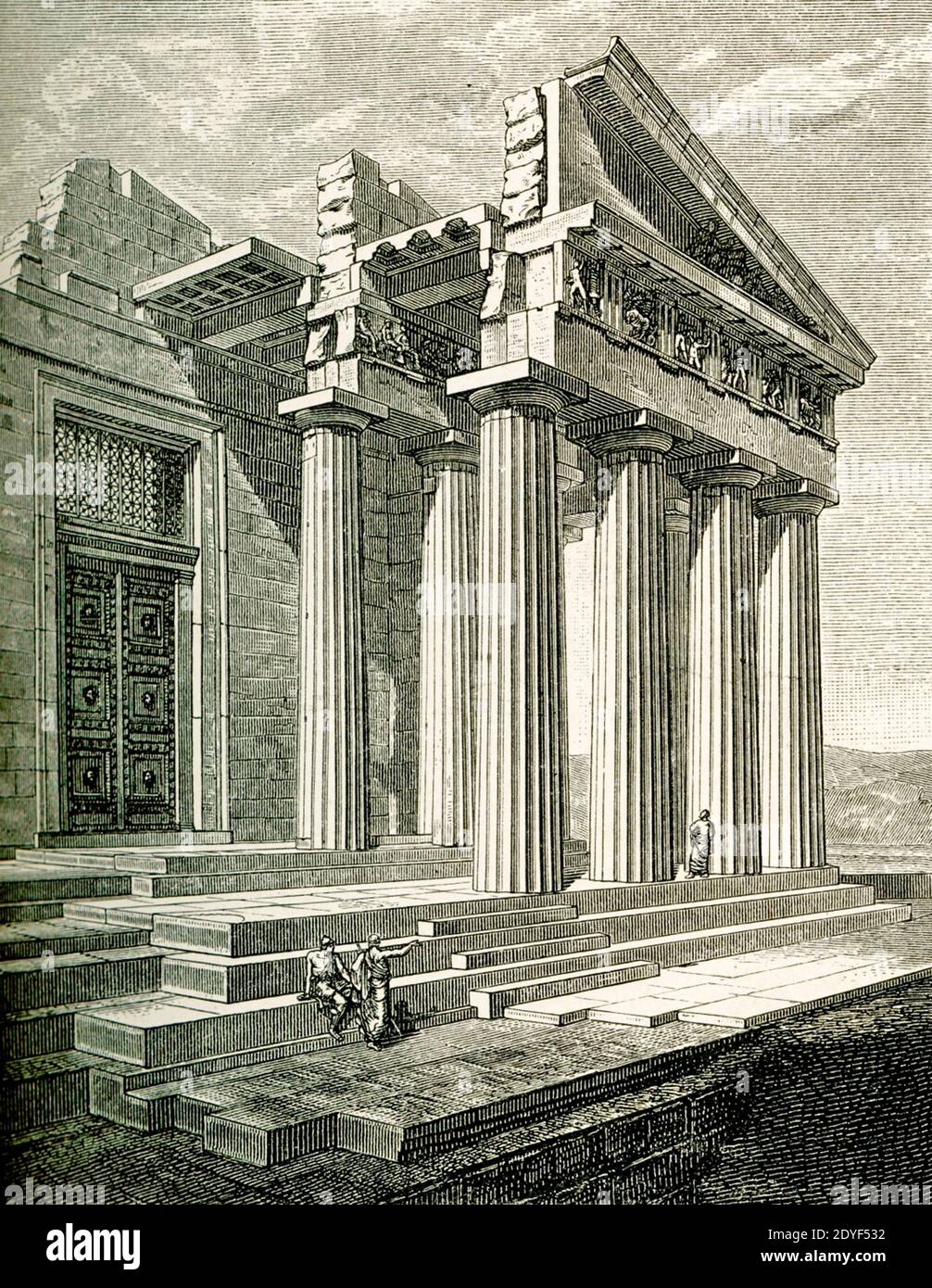 Vue en coupe de l'extrémité est du Parthénon après Niemann. Coin nord-est du Parthénon reconstruit par G Niemann avec mais peu de restauration à partir de vestiges existants. Sur le devant du toit, l'espace triangulaire ouvert (le fronton() était rempli des sculptures portées par Lord Elgin en Angleterre et maintenant au British Museum. Pour les Grecs anciens, le Parthénon servait de temple à la déesse Athéna. Achevé en 432 av. J.-C., il se trouvait sur l'Acropole d'Athènes. À l'intérieur, à l'extrémité ouest de la nef, se trouvait une statue d'Athena Parthenos de 40 pieds de haut (Parthenos signifie « ai Banque D'Images