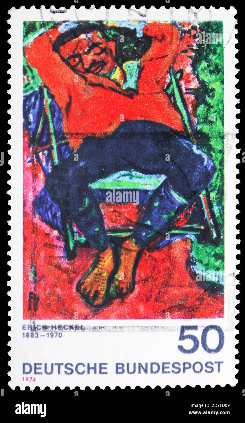 MOSCOU, RUSSIE - 25 MAI 2019: Timbre-poste imprimé en Allemagne, République fédérale, montre 'Pechstein (homme) endormi', Erich Heckel 1883-1970, Germany Expr Banque D'Images