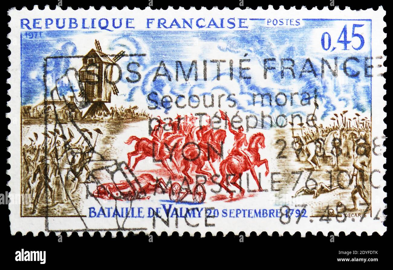 MOSCOU, RUSSIE - 25 MAI 2019 : timbre-poste imprimé en France montre la bataille de Valmy 20 septembre 1792, série d'histoire française, vers 1971 Banque D'Images
